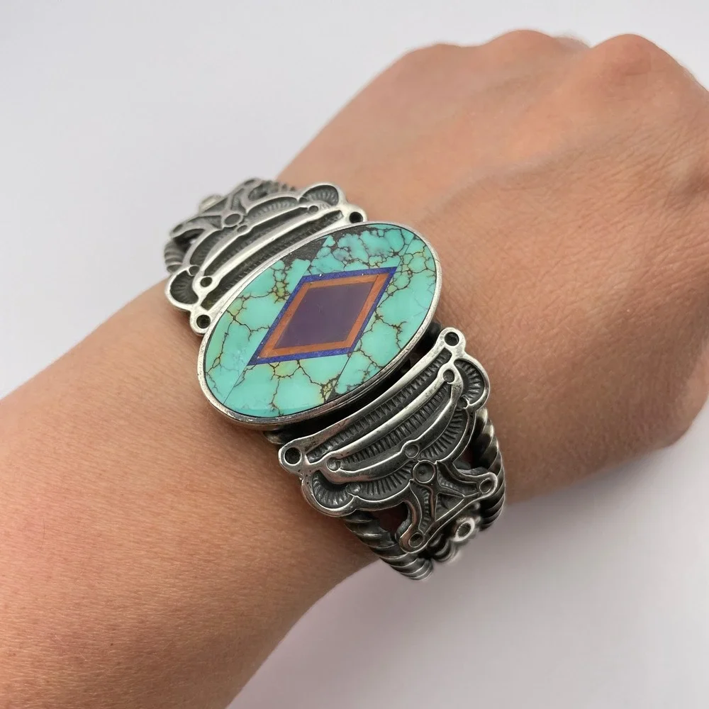 Vintage Navajo Ray Tracey & Knifewing Segura Sterling Silver Inlay Cuff Bracelet - Picture 12 of 16